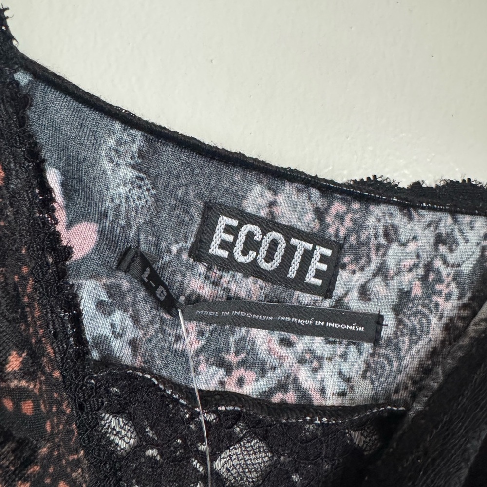 Ecote Floral Lace Trim Black Top Whimsigoth Feminine Babydoll - Picture 6 of 9